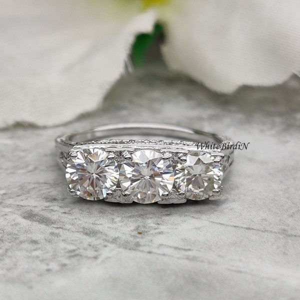 1.80 Ctw Art Deco Round Cut Moissanite Ring, Antique Vintage Lab Grwon Diamond Engagement Ring, Art Deco Three Stone Simulated Diamond Ring,