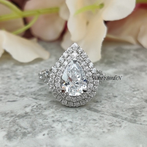 3 Carat Pear Shaped Double Halo Engagement Ring Moissanite Wedding Ring Solid 14k White Gold Halo Moissanite Pear Cut Ring Woman's Gift Ring
