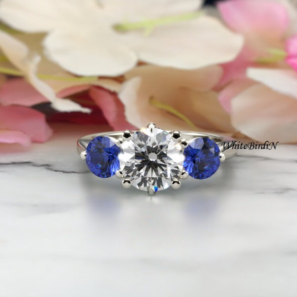 Round Moissanite Cut 3 Stone Ring / 14K White Gold Gemstone Engagement Ring / Blue Sapphire Anniversary Ring Gift/ 14K White Gold 3 Stone