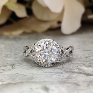 2 CT Round Engagement Ring, Split Shank Engagement Ring 14k White Gold, Forever One Round Moissanite Ring, Cable Band Ring
