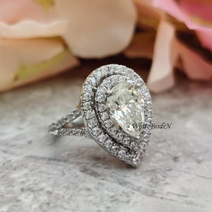 1.75 Carat Pear Engagement Ring, Moissanite Engagement Ring, Pear Cut Engagement Ring, Pear Diamond Ring, Double Halo Ring, Pear Double Halo
