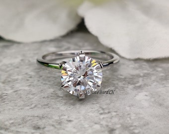 3ct Moissanite Solitaire Engagement Ring 6-Prong Brilliant Round Cut Solid 14K White Gold 3Ct Lab Created Diamond Engagement Ring