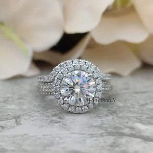 2.60Ct Round Near Colorless Moissanite Ring - Halo Engagement Ring- Bridal Set Halo Ring - 14KT White Gold Curved Wedding Moissanite Band