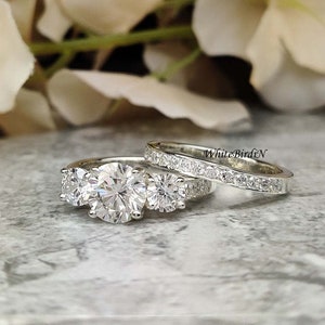 3 Stone Round Moissanite Bridal Sets/ Three Stone Simulated Diamond Ring Set/Promise ring/Moissanite Diamond Ring Set 14K White Gold
