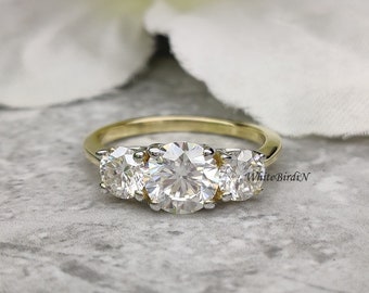 2.5Ct Round White Moissanite Engagement Ring 14K Gold Two Tone 3 Stone Ring Lab Grown Wedding Ring 3 Stone Simualted Diamond Ring,