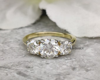 2.5Ct Round Near White Moissanite Engagement Ring 14K Gold Two Tone 3 Stone Ring Moissanite Wedding Ring 3 Stone Simualted Diamond Ring,