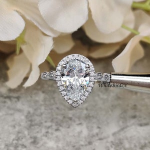 12x8 MM Pear Cut Halo Moissanite Engagement Ring, 14k Solid white Gold Pear Cut Moissanite Wedding Ring, Anniversary Ring Pear Diamond Ring