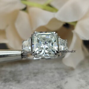 6.5 CTW Asscher Colorless Moissanite Ring, Three Stone Engagement Ring, Wedding Bridal Set, Matching Band, Anniversary 3 Stone DIamond Ring