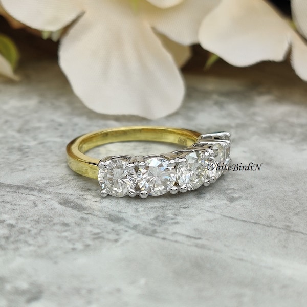 2.5 Ctw 5 Stone Moissanite Engagement Ring 14K White Gold Anniversary Gift, 5 Stone Lab Grown Diamond Ring Five Stone 14K Two Tone Gold Ring