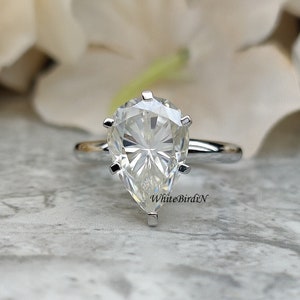 3.00CT Pear Cut Moissanite Diamond Ring| Pear Diamond Engagement Ring| Prong Solitaire Diamond Ring | 14K White Gold Ring | Anniversary Gift