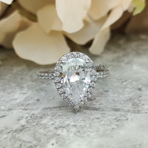 Moissanite Halo Ring/ 12x8mm Pear Simulated Diamond Ring/ Moissanite Engagement Ring/ Wedding Ring/ Anniversary Ring/ 14K White Gold Ring