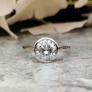 Round Diamond Solitaire Anniversary Ring Lab Create Diamond Engagement Ring CVD Diamond Wedding Ring for Her Bezel Ring Birthday Gift Women