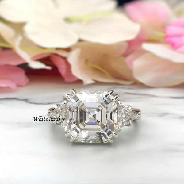 3 CT Asscher Cut Moissanite Engagement Ring, Art Deco Bridal Ring, Forever One Anniversary Ring, 14k White Gold Ring 3 Stone Promise Ring,