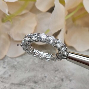 Moissanite Ring, 14k White Gold Round Brilliant Cut Prong Set Classic Diamond Wedding Band, Anniversary Gift, Full Eternity Moissanie Band