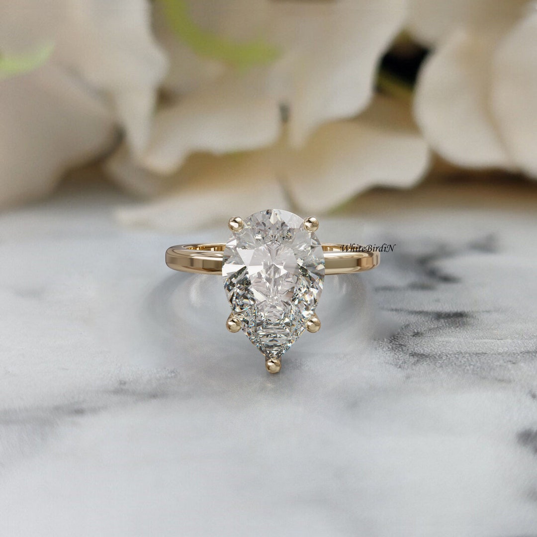 3 CT Pear Shape Lab Grown Diamond Engagement Ring / 6 Prong Tear CVD ...