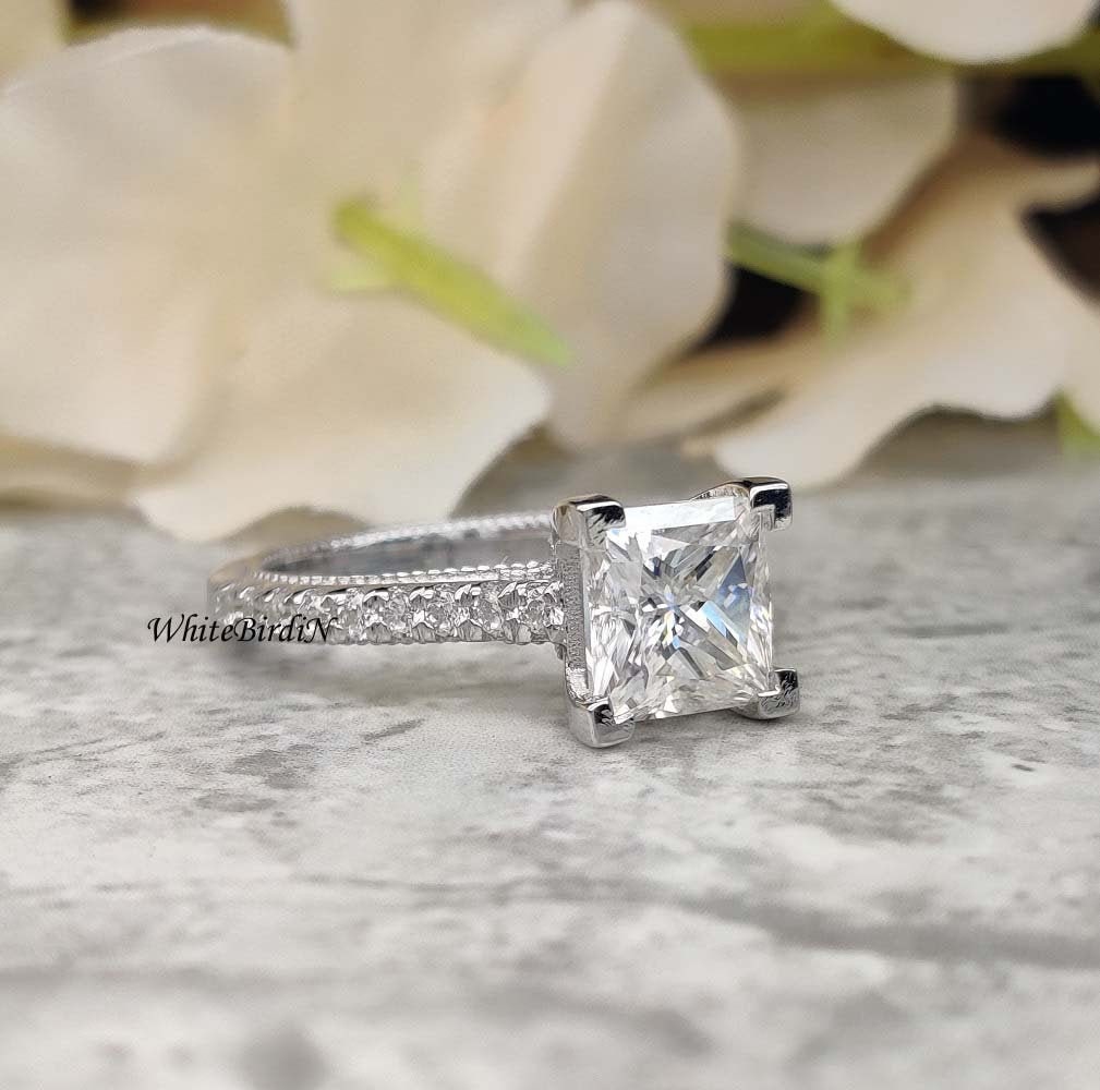 2.30Ct Princess Moissanite Engagement Ring, Princess Lab Grown Diamond Ring, 14K White Gold Princess Wedding Ring, Promise Ring,