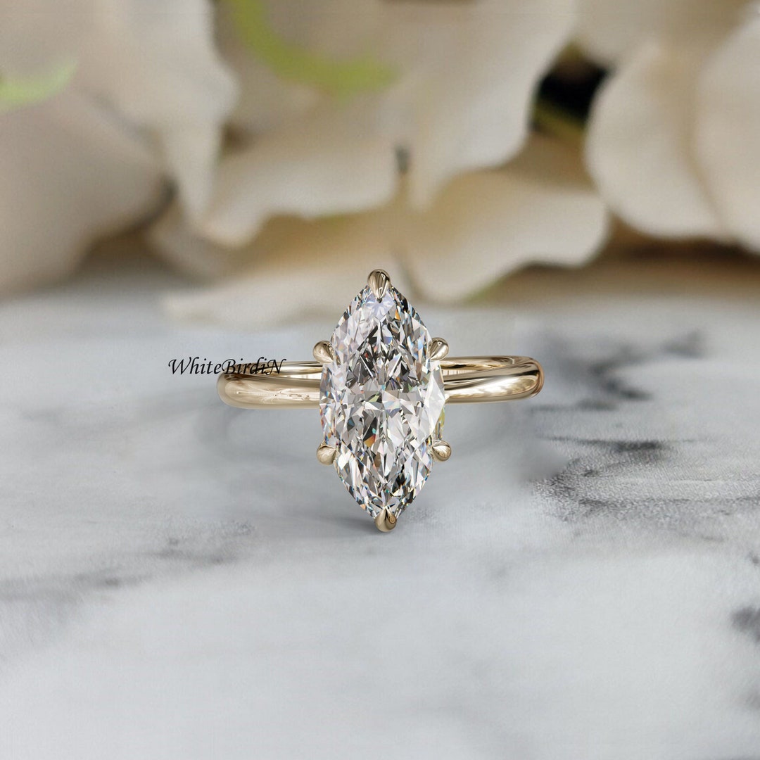 Solitaire Engagement Ring, 2.0 CT Marquise Cut Lab Grown Diamond Ring ...