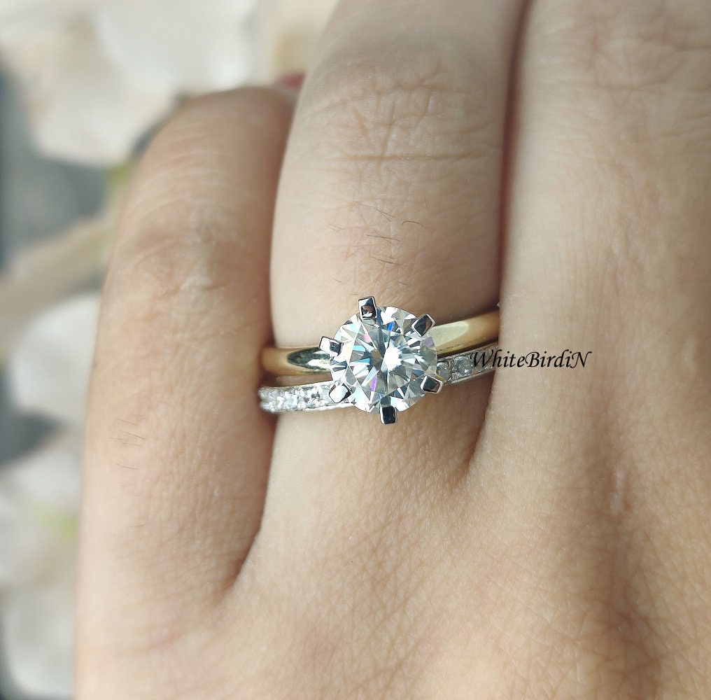 14K Yellow Gold Wedding Set 1.80CT Round Cut Moissanite Bridal Ring Set ...