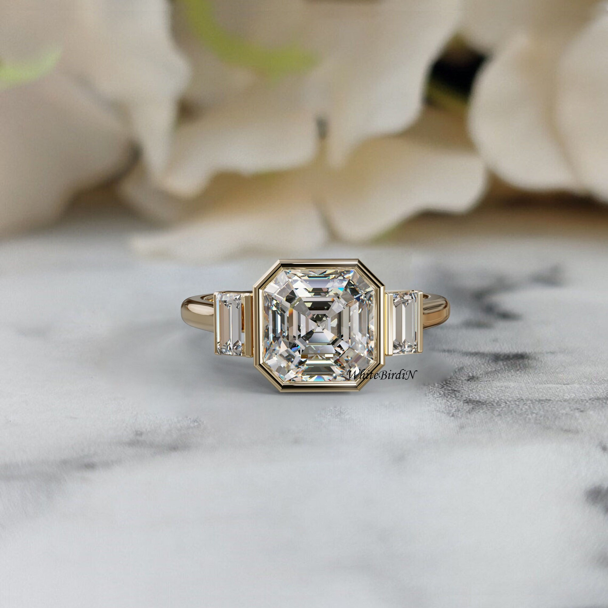 Bezel set asscher cut diamond ring deals