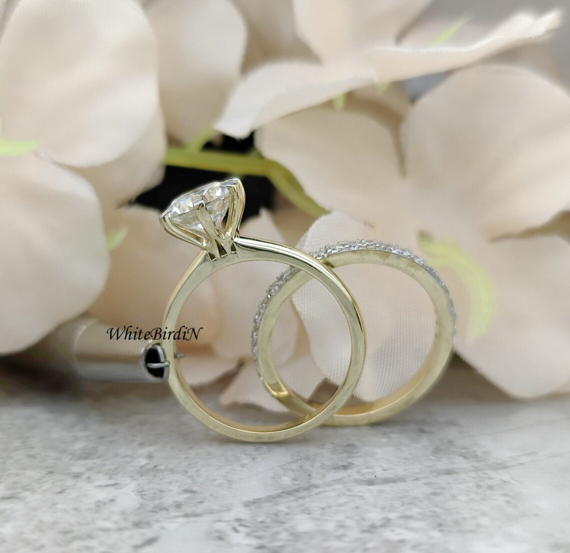 14K Yellow Gold Wedding Set 1.80CT Round Cut Moissanite Bridal Ring Set ...