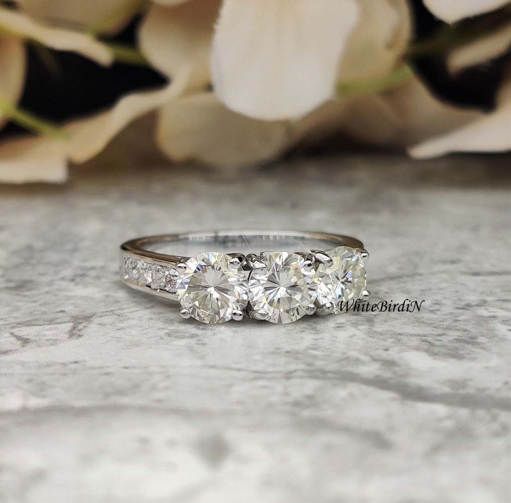 Pear Moissanite Engagement Ring Three stone Moissanite Ring Three Stone Engagement Ring 14K White Gold Bridal Past Present Future Ring