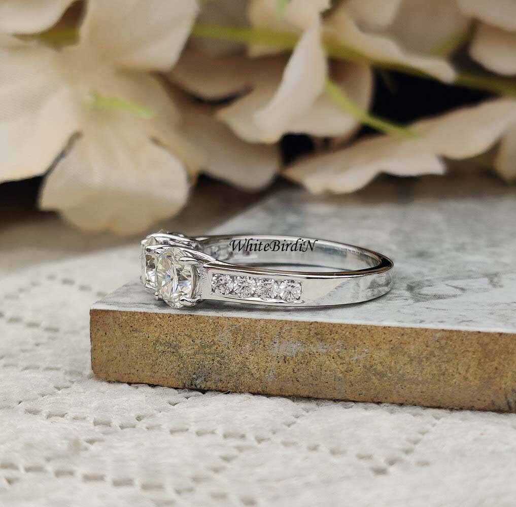 14K White Gold, 3 Stone Promise Ring, Three Stone Moissanite Engagement ...