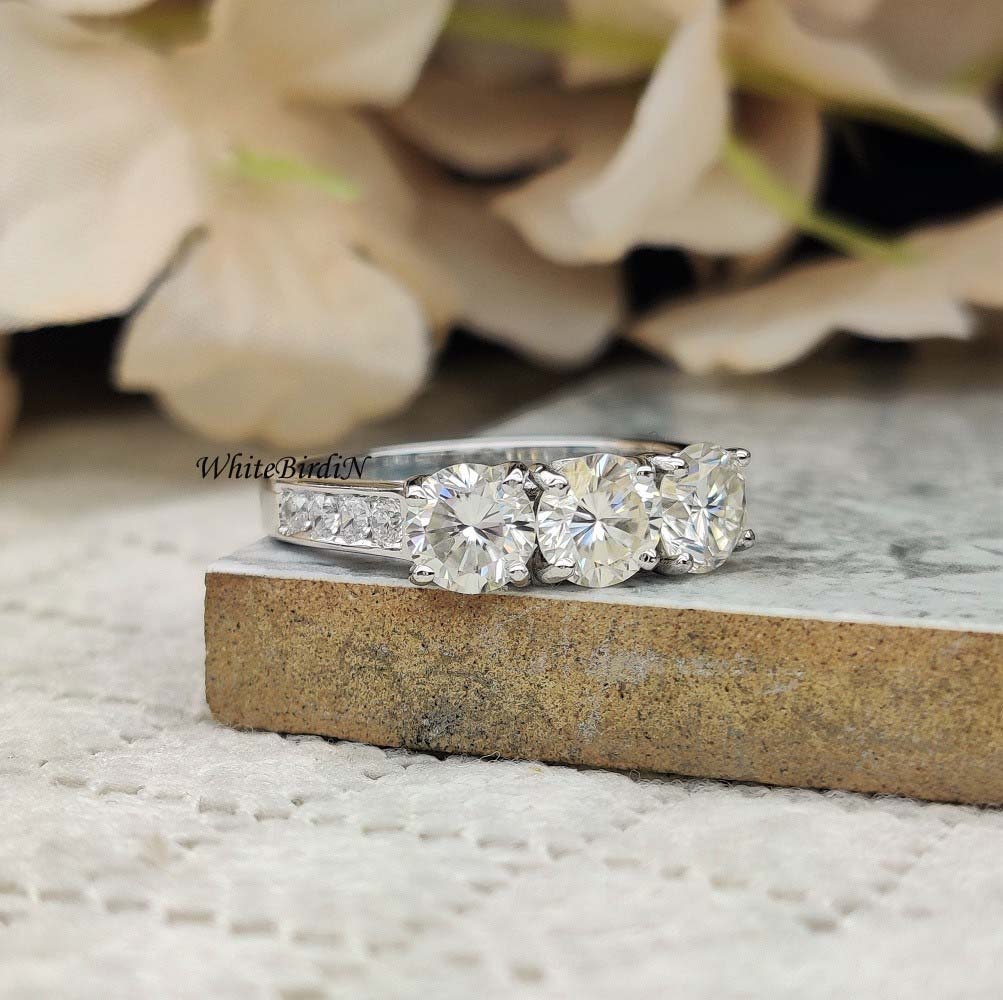 14K White Gold, 3 Stone Promise Ring, Three Stone Moissanite Engagement ...