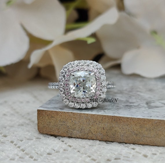 Cushion Cut Moissanite Double Halo Engagement Ring, Cushion