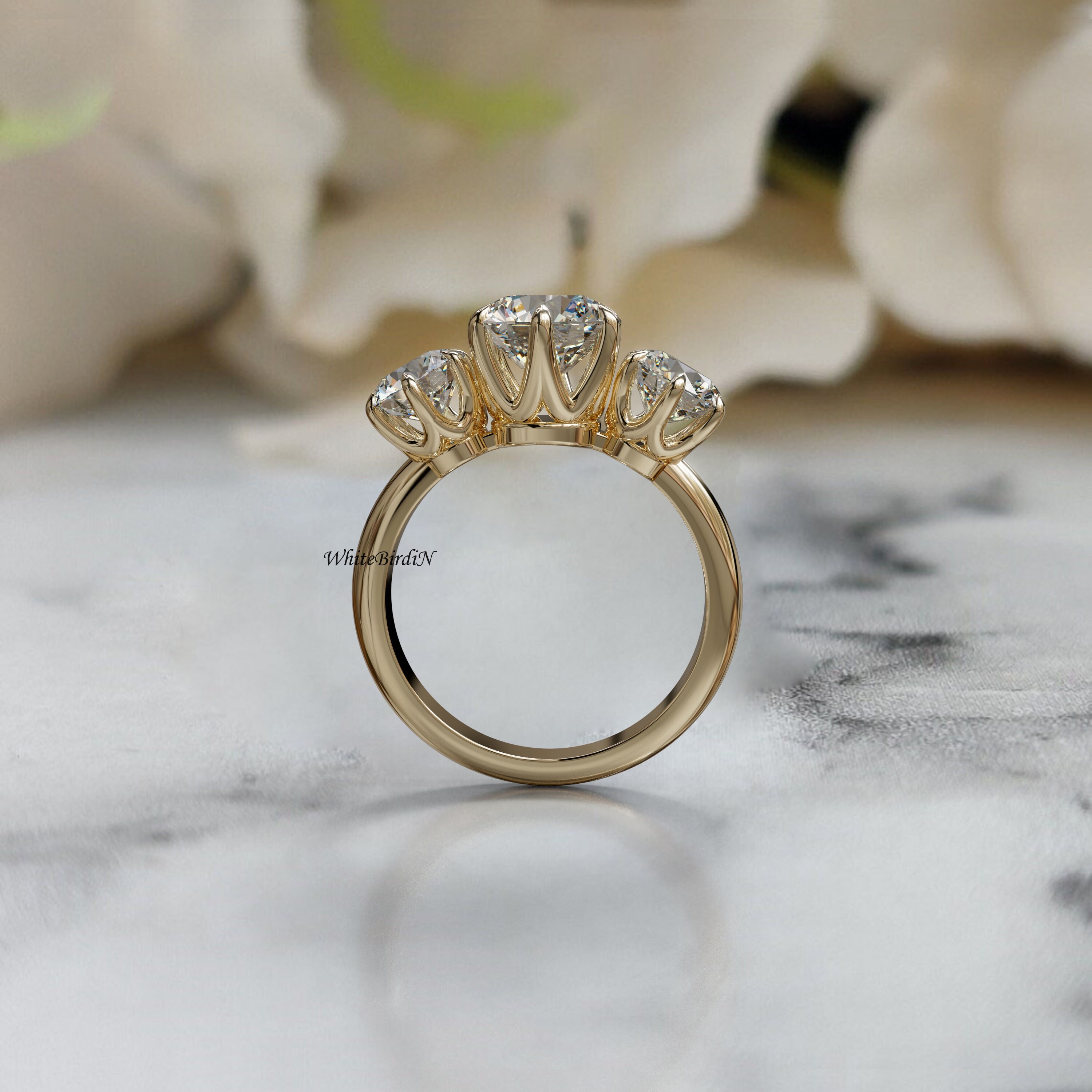 Round Cut Engagement Ring, 3 Stone Lab Grown Diamond Wedding Ring ...