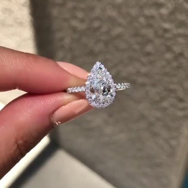Anniversary Ring Pear Diamond Ring 14k Solid white Gold Pear Cut Moissanite Wedding Ring 10x7 MM Pear Cut Halo Moissanite Engagement Ring