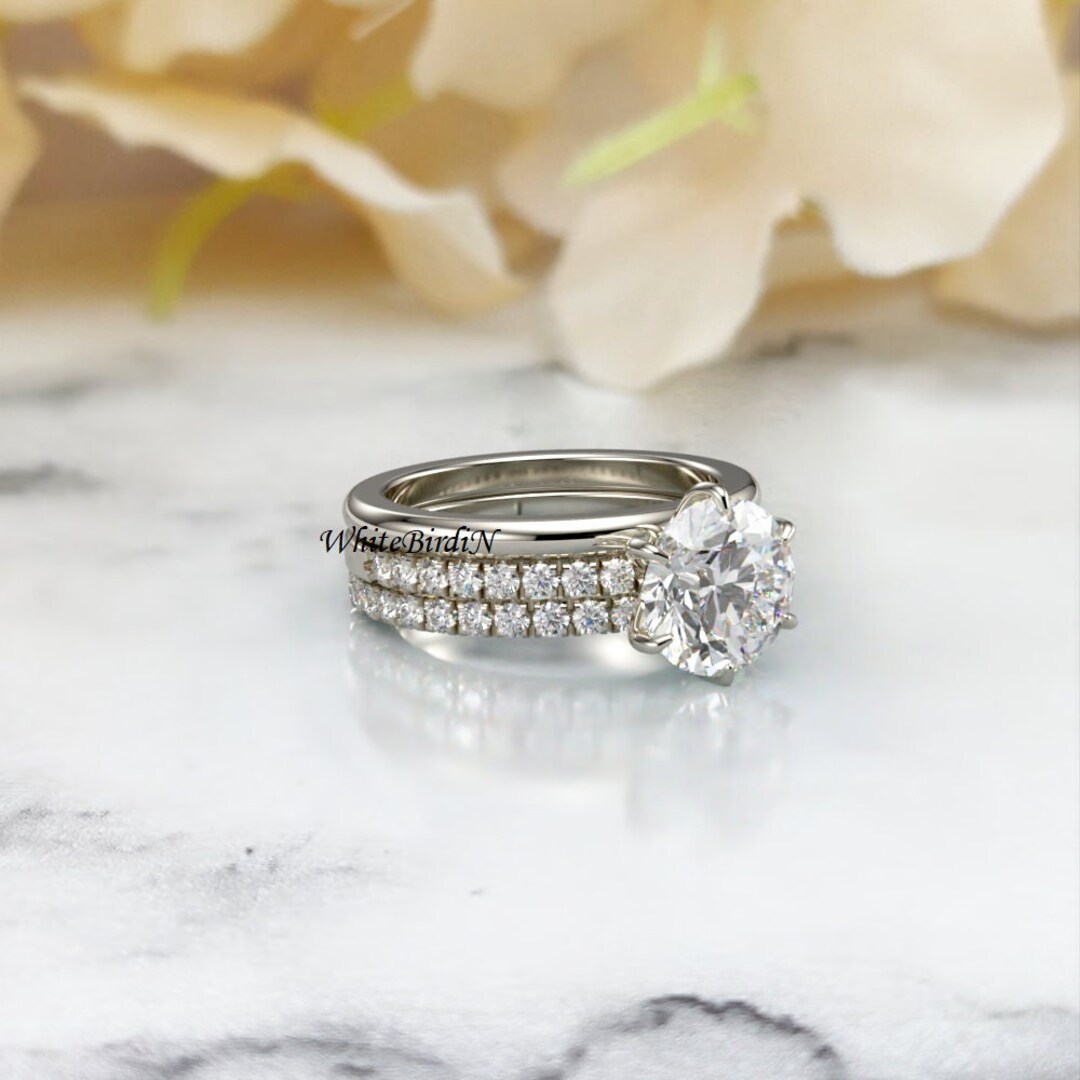 2CT Round Cut Moissanite Engagement Ring, 14k White Gold Plan & Half ...