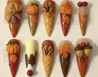 Handmade Fall Harvest Press On Nails | Pumpkin, Ice Cream & Maple Leaf 3D Art | Long Stiletto Nails For Autumn Vibe