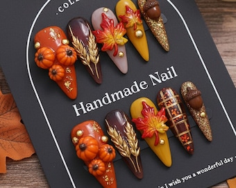Handmade Fall Pumpkin Press On Nails | Maple Leaf, Wheat & Acorn 3D Art | Stiletto Nails For Thanksgiving Vibe