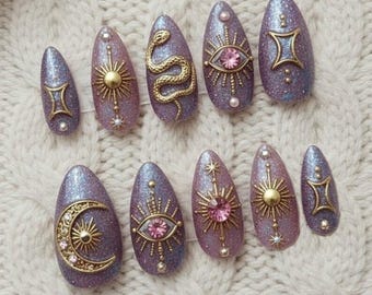 Handmade Mystic Moon Press On Nails | Snake, Evil Eye & Gold Celestial Charms | Almond Nails For Magical Witchy Vibes