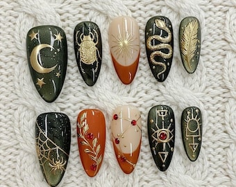 Handmade Mystic Gothic Press On Nails | Moon, Snake, Spider & Gold Symbols | Almond Nails For Dark Cosmic Vibes