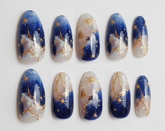 Handmade Galaxy Press On Nails | Deep Blue Sky, Gold Stars & Cosmic Marble Art | Almond Nails For Dreamy Celestial Vibe