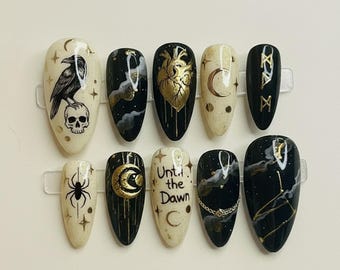 Witchy Black Gold Press On Nails | Moon Star Galaxy Halloween Handmade Nail Art | Gothic Fake Nails