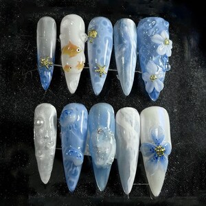 Handmade Ocean Fantasy Press On Nails | 3D Goldfish, Jellyfish, Pearls & Floral Art | Long Stiletto Mermaidcore Set