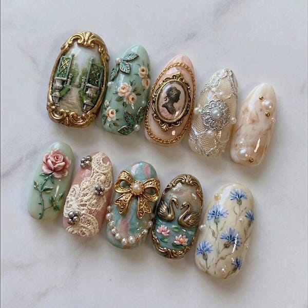 Vintage Rococo Press On Nails, 3D Floral Nails, Victorian Cameo Nails, Cottagecore Garden Nails, Elegant Pearl Lace Press On Set