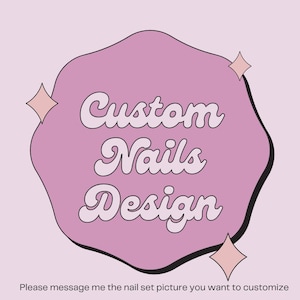 May include: A pink graphic with the words "Custom Nails Design" in a retro font. The design is set against a light pink background with four starburst accents. The text at the bottom says, "Please message me the nail set picture you want to customise."