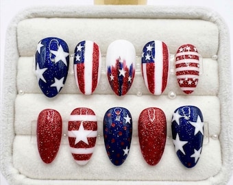 Rot, Weiß, Blau Press On Nails, Vateritischer Glitzer-Nagel-Set, 4. Juli Amerikanische Flaggennägel