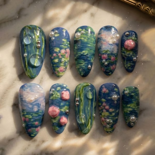 Monet Water Lily Press On Nails | Hand-Painted Pond Art, 3D Blossoms, Raindrop Gloss Effect, Impressionist Style | Handmade Art Set