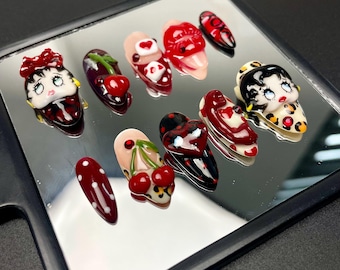 Handmade Retro Cherry Press On Nails | Lips, Hearts, Cherries & Polka Dots Art | Nails For Pin Up Vibe