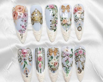 Handmade Fairytale Princess Press On Nails | Carriage, Roses & Gold Bow Design | Stiletto Nails For Elegant Royal Vibes