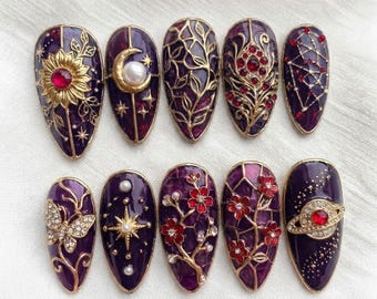 Handmade Aurora Galaxy Press On Nails | Celestial Marble, Moon Phase & Gold Star Details | Luxury Fantasy Nails