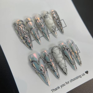 Handmade Chrome Heart Press On Nails | Iridescent Holographic Base With 3D Silver Outlines & Marble Accents | Stiletto Nails for Night Out