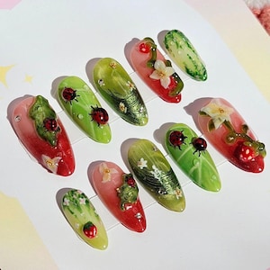 Handmade Ladybug Garden Press On Nails | 3D Beetles, Flowers, Vines & Leaf Art | Almond Nails For Naturecore Vibe