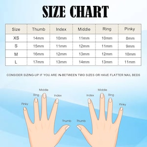 May include: A size chart for press-on nails featuring a table with rows for sizes XS, S, M, and L, and columns for thumb, index, middle, ring, and pinky fingers in millimeters. Below, two illustrated hands label each finger for measurement reference.