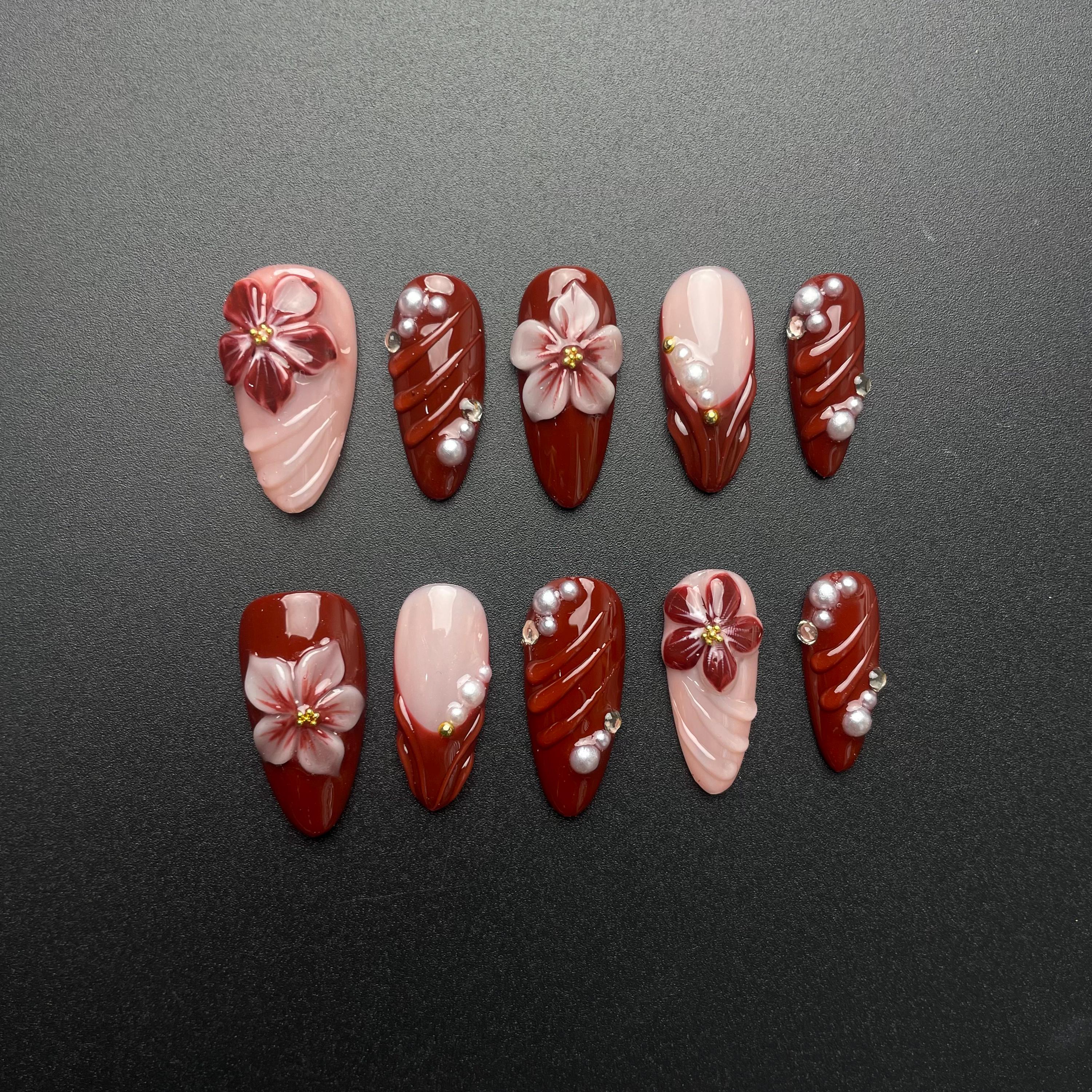 Handmade Red Floral Press On Nails 3D White Flower Art with Gold Studs Long Glossy Romantic Nails for Date Night or Holiday Gift Set