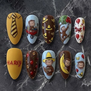 Curious Monkey Inspired Press On Nails, Cartoon Character Nails, Cute Storybook Press On Nails, Handmade Luxury Nail Set